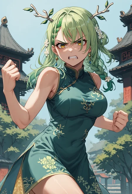 score_10,score_9_up,score_8_up,score_7_up, anime_source, 1girl, east asian architecture, ceres fauna, braid, long hair, braided bangs, single braid, hair flower, bangs, (chinese dress: 1.3), short dress, green clothes, (floral pattern), large breasts, bare arms, angry,
clenched teeth, fighting stance, kung fu <lora:Ceres_Fauna_for_PonyXL:0.9>