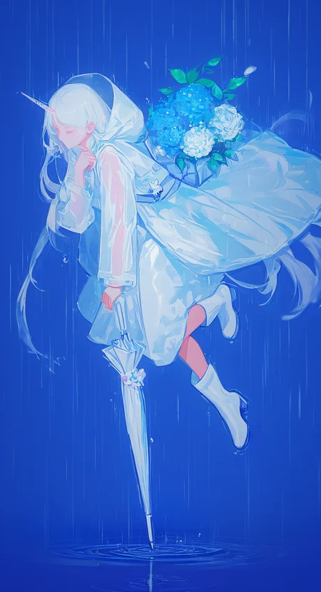 masterpiece, best quality, good quality, very awa, very aesthetic, absurdres, newest, painterly, brushstroke, impasto, impressionism, chiaroscuro, 1girl, solo, long hair, long sleeves, dress, holding, very long hair, jacket, full body, closed eyes, white hair, flower, boots, horns, hand up, hood, white dress, bag, eyelashes, see-through, gradient background, blue background, umbrella, white footwear, hood down, white flower, hooded jacket, single horn, blue flower, high heel boots, purple background, rain, holding umbrella, water drop, bouquet, holding flower, transparent, white rose, holding bouquet, ripples, closed umbrella, hydrangea, rubber boots, raincoat, daisy, transparent umbrella, white umbrella, unicorn, see-through jacket, (painterly, sketch, flat color,:0.3),
<lora:illustriousXL_stabilizer_v1.23:0.3> <lora:noobai_vpred_1_style_painterly_v1.1:0.7>