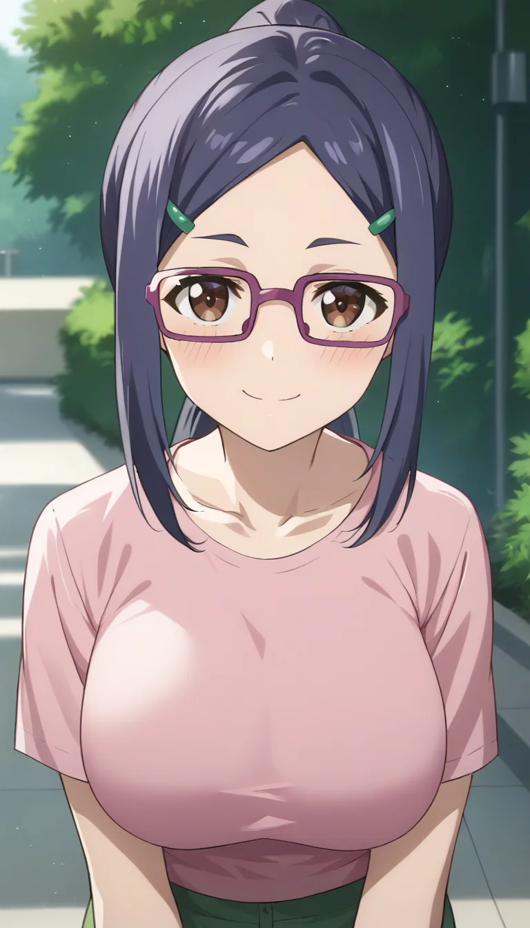 score_9,score_8_up,score_7_up,score_6_up BREAK official art,solo,outdoors,upper body,(portrait:1.5),looking at viewer,facing viewer,smile,blush,Ami Asai,long hair,purple hair,ponytail,hair ornament,hairclip,sidelocks,parted bangs,forehead,brown eyes,purple-framed eyewear,collarbone,t-shirt,pink shirt,short sleeves,large breasts,skindentation,green pants,thighs,sneakers,<lora:Ami Asai(uwa)-Pony:1.5>,