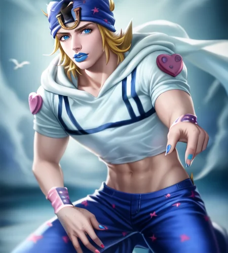 ((johnnyjojo)), hat, 1boy, blonde hair, blue lips, blue fingernails, detailed face, hires, HQ, blue pants, volumetric lighting, best quality, masterpiece, intricate details, tonemapping, sharp focus, hyper detailed, <lora:johnnyjojo:1.2> <lora:sakimiChanLora_v10:0.7> sakistyle, artstyle, <lora:grullborgCopycat_grullborgStyleR8V4:0.2>
