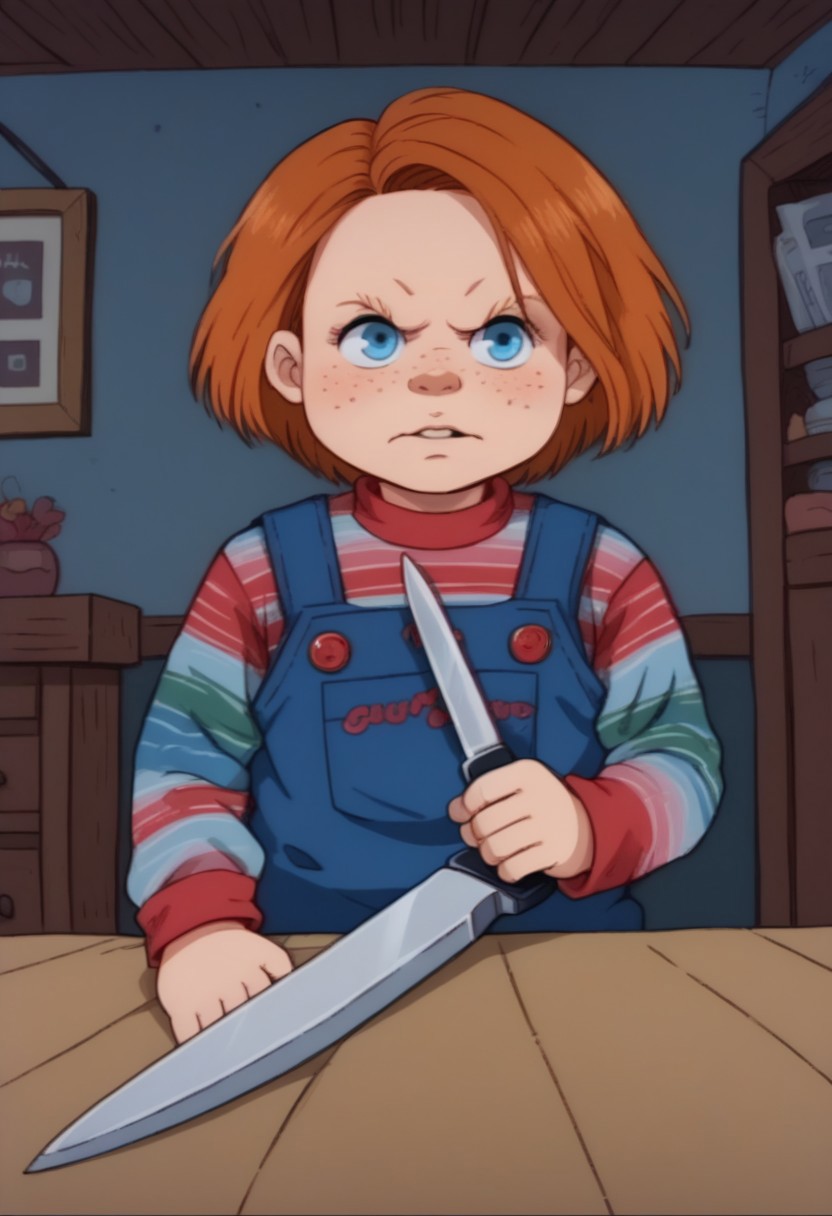 score_8, score_8_up, score_7_up, source_cartoon, rugrats_style, BREAK  1boy, male focus, solo, ChuckyXLP, short hair, blue eyes, freckles, brown hair, striped, long sleeves, overalls, indoors, night, knife, holding, holding weapon