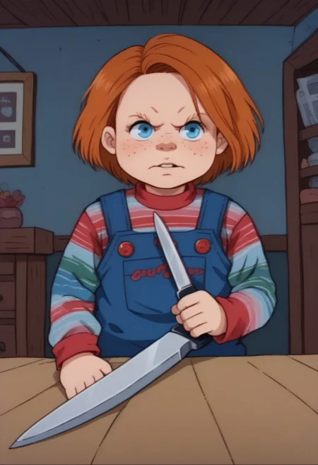 score_8, score_8_up, score_7_up, source_cartoon, rugrats_style, BREAK  1boy, male focus, solo, ChuckyXLP, short hair, blue eyes, freckles, brown hair, striped, long sleeves, overalls, indoors, night, knife, holding, holding weapon