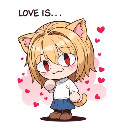 love1s. "love is" style illustration showing an image of Neco Arc, a chibi with short, messy, light tan hair. She has large, red eyes and cat ears. She is wearing white turtleneck sweater, blue pleated skirt, black thighs and brown footwear.
She is embarrassed, her face covered with blush. At the top of the image there is an inscription "LOVE IS...", atr the bottom of the image isncription is "...burenya dori-dori-dori together". Both inscripton are bold italic font. 
Background is abstract and love-themed, with hearts and particles
