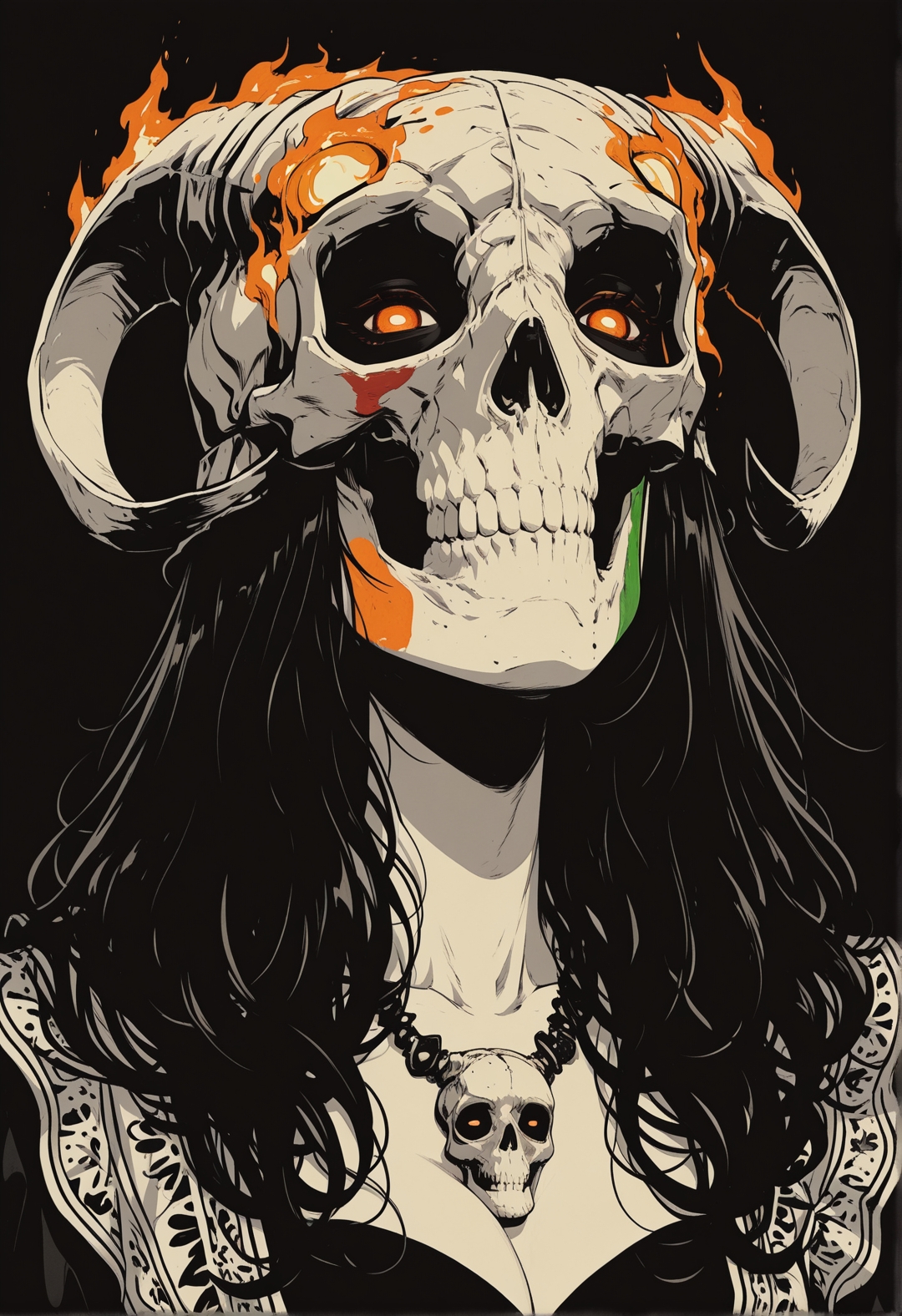 <lora:ck-shadow-circuit-IL-000012:1>,  in the style of cksc, anime, monochrome ink and crayon art with spot colour BREAK
portrait of beautiful oriental 1girl shaman, long black hair, skull-themed helmet, black and white face paint in a skull fashion, burning bright eyes, chiascuro, looming out of a black background, high contrast, erotic, sexy
masterpiece,best quality,amazing quality