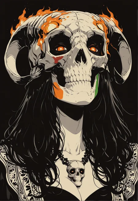 <lora:ck-shadow-circuit-IL-000012:1>,  in the style of cksc, anime, monochrome ink and crayon art with spot colour BREAK
portrait of beautiful oriental 1girl shaman, long black hair, skull-themed helmet, black and white face paint in a skull fashion, burning bright eyes, chiascuro, looming out of a black background, high contrast, erotic, sexy
masterpiece,best quality,amazing quality