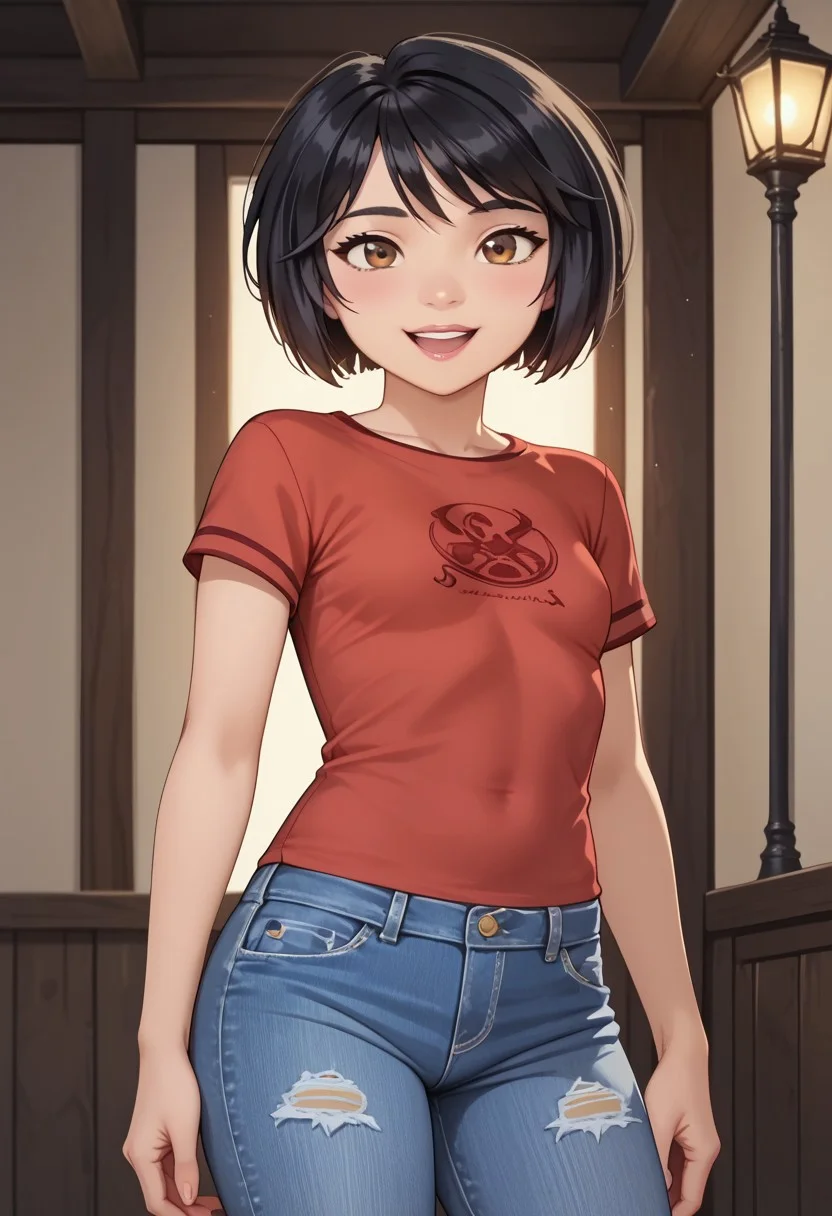 score_9, score_8_up, score_7_up, anime_screencap, source_anime, (beautiful lighting, beautiful style), (vivid colors), 1080P,, realistic , deep skin,, high quality, highres, , 1girl, cute, , YI, 1girl, short hair, black hair, brown eyes, red shirt, short sleeves, blue denim shorts, grey pantyhose, small breasts, smile, solo, open mouth