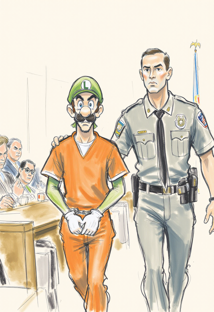 <lora:Courtroom_Sketch_Style_FLUX-000013:1>
This is a detailed, hand-drawn courtroom scene in a sketchy, watercolor style depicting Luigi wearing an orange prisoner jumpsuit in handcuffs with a police officer escorting him.
