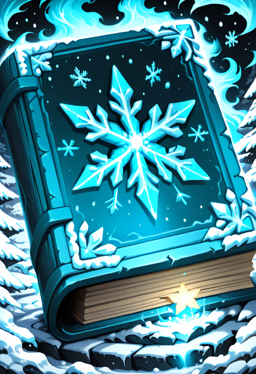 masterpiece, best quality, no humans,   CitronsGrimoires, blue book, frost-covered, snowflake motif, enchanted tome, glacial magic, frozen aura, shimmering snow, glowing runes, ancient spellbook, solo object, soft blue glow, icy mist, delicate frost patterns, snow-covered ground, winter atmosphere, magical sparkles, cinematic lighting, cold breath â Resting atop a snow-dusted pedestal, the blue grimoire radiates a chilling elegance. Its cover glimmers with frozen runes and delicate snowflake etchings, each detail sealed beneath a thin layer of frost. Wisps of icy mist curl from its pages, drifting like frozen breath into the crisp air. As the book slowly opens on its own, swirling snowflakes gather around it, dancing in a silent storm. The magic it holds is ancient, serene, and dangerously coldâcapable of freezing time itself.  ,<lora:CitronsGrimoiresIXL:1.0>,