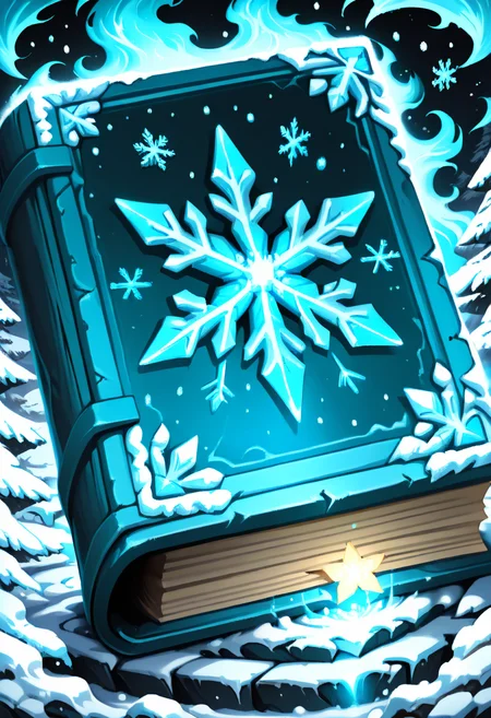 masterpiece, best quality, no humans, CitronsGrimoires, blue book, frost-covered, snowflake motif, enchanted tome, glacial magic, frozen aura, shimmering snow, glowing runes, ancient spellbook, solo object, soft blue glow, icy mist, delicate frost patterns, snow-covered ground, winter atmosphere, magical sparkles, cinematic lighting, cold breath â Resting atop a snow-dusted pedestal, the blue grimoire radiates a chilling elegance. Its cover glimmers with frozen runes and delicate snowflake etchings, each detail sealed beneath a thin layer of frost. Wisps of icy mist curl from its pages, drifting like frozen breath into the crisp air. As the book slowly opens on its own, swirling snowflakes gather around it, dancing in a silent storm. The magic it holds is ancient, serene, and dangerously coldâcapable of freezing time itself. ,<lora:CitronsGrimoiresIXL:1.0>,