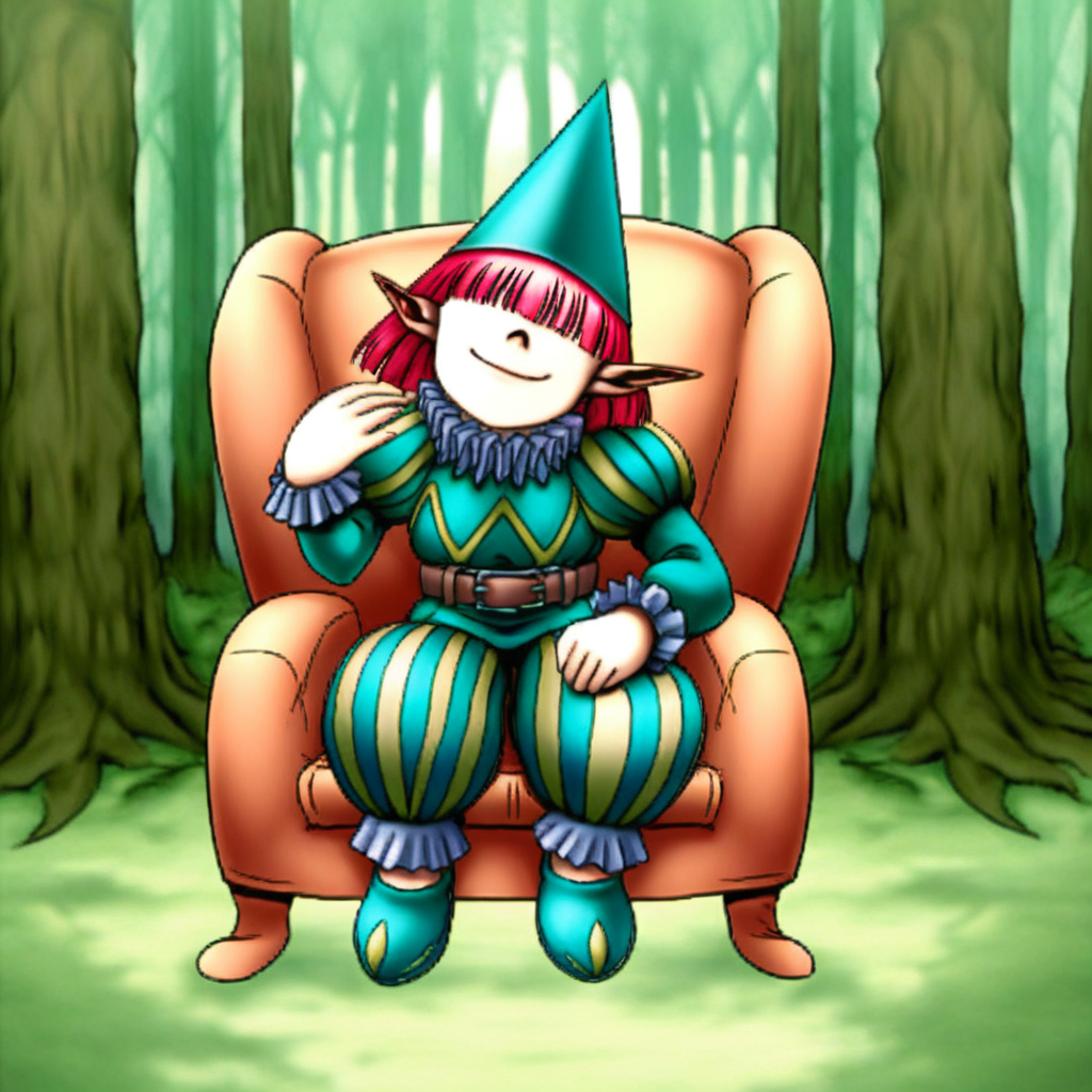 1boy,solo,red hair,bangs,hair over eyes,pointy ears,hat,ruff collar,shirt,puffy sleeves,belt,striped pants,shoes,sitting,facing viewer,looking at viewer,chair,forest,smirk