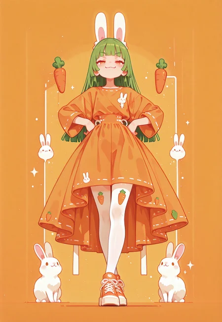 1girl, long hair, straight green hair, hime cut, fanged bangs, orange dress, high-low skirt, white tighhighs, carrot print legwear, orange sneakers, standing, crossed legs, watson cross, hands on own hip, looking viewer, smug, animals, white rabbits, multiple rabbits negative space, vivid colored, orange background, orange theme, no lineart, no outline, fine art, masterpiece, best quality, good quality, very awa, very aesthetic, absurdres, newest, haiz_ai, flatline,