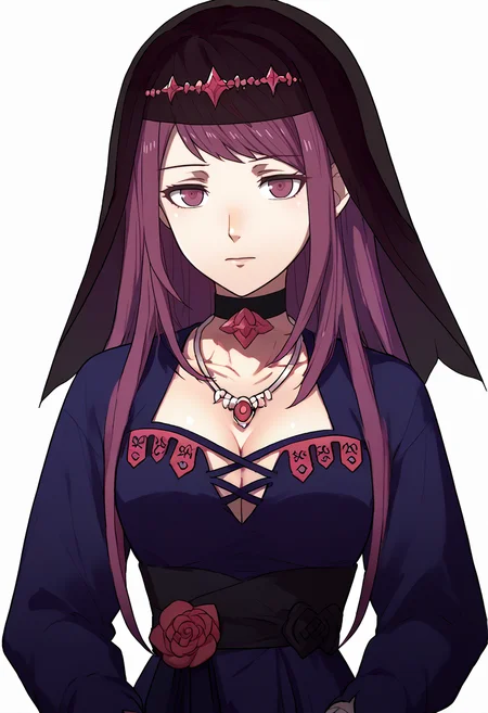 score_9, score_8_up, score_7_up, source_anime, 1girl, solo, looking at viewer, <lora:zs_FE3HPortraitsXL:1> fe3hportraits, upper body, white background ADDCOMM
<lora:IvyFE-pdxl:1> casIvy, long hair, veil, black headwear, purple dress, waist ribbon, long sleeves, cleavage, jewelry, choker, necklace