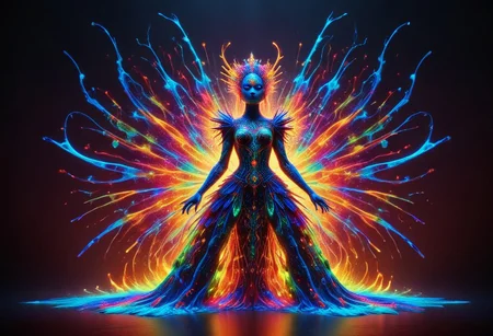 a full body fire entity with multicolored flames, professional photography of an fantastical warrior princess entirely made of cyberflies with whimsical elements, swirling magic, eerie fairytale landscape, elaborate fantasy style art, very colorful, intricate details, ultra sharp, exquisite detail, flawless composition, vivid colors, masterpiece, exciting background, TAS, TASvisuals, Psychedelic , Rave, Elaborate , Blacklight , Vibrant , cyberflies, black light paint, blp, Colorful Chaos Cracks and Drops, mad-glowtiedye, made out of,colorful,liquid,Murano Art Glass