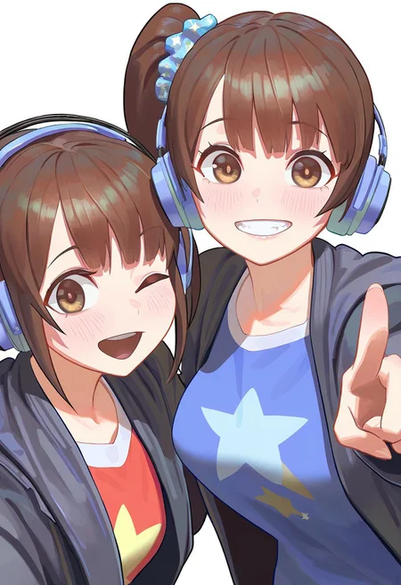 masterpiece, best quality, very aesthetic, high resolution, ultra-detailed, absurdres, newest, extremely detailed eyes, beautiful, perfect lighting, hi res, amazing quality, very awa, Brightly Lit, Highly Visible, 8k, sharp focus, beautiful, perfect lighting, volumetric lighting, scenery, painting_(artwork), PSTL_ST, long hair, looking at viewer, smile, open mouth, bangs, multiple girls, simple background, brown hair, shirt, hair ornament, long sleeves, white background, 2girls, brown eyes, jacket, upper body, one eye closed, star \(symbol\), grin, side ponytail, coat, v, siblings, headphones, scrunchie, blue shirt, pointing, sisters, hair scrunchie, twins, star print, print shirt, large breast