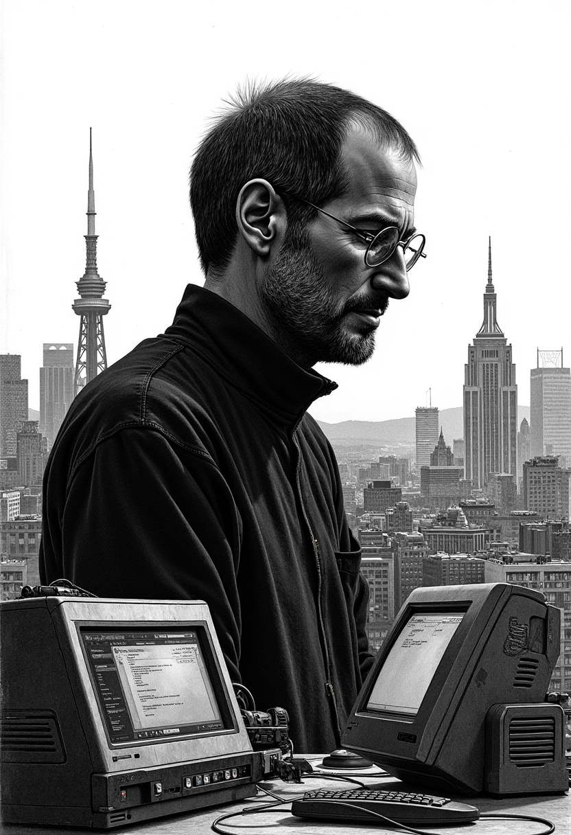 A copperplate etching of Steve Jobs, silhouetted against a cityscape of San Francisco, surrounded by Macintosh computers and futuristic gadgets.