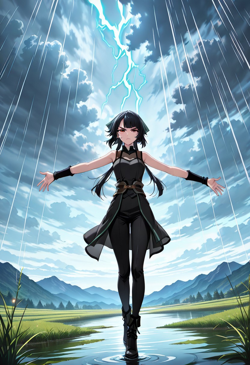 score_9, score_8_up, score_7_up, dynamic view, eye_focus, solo, looking_at_viewer, 1girl, 
masterpiece, best quality, bokeh, luminescent background,
( jasmine flamesworth,, black hair, pony tail, long hair, hair ribbon, green ribbon, red eyes,  small breasts,, sleeveless shirt, black shirt, brown belt, black pants, short boots, black boots,  ,  )
outdoors, storm, (rain:1.2), cloudy sky, dark clouds, lightning, wind, spread arms, outstretched arms, full body, dutch angle, cleavage, , scenery, mountainous horizon, wet clothes, wet, wet hair, looking at viewer, wet dress, see-through dress, v-shaped eyebrows, closed mouth