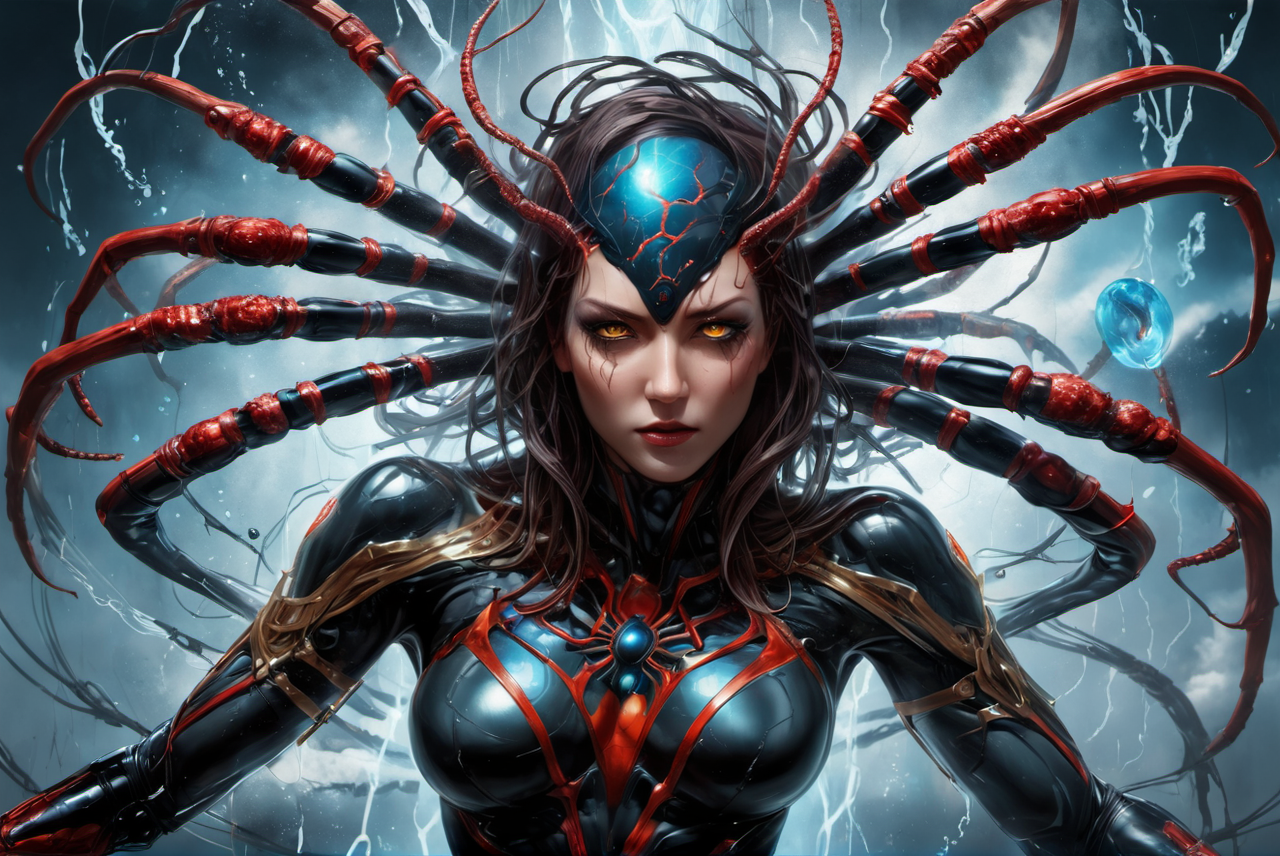 portrait of a gigantic spider,awardwinning, 8k,  atmospheric,dramatic,godlike,superpowers,power surge,epic,representation of absolute power,dense particles in the atmosphere,in the style of aleksi briclot,sandra chevrier and mythsxl,<lora:mythsxl:1>