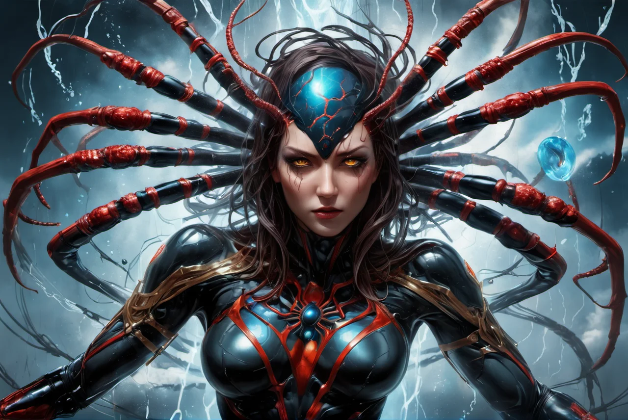 portrait of a gigantic spider,awardwinning, 8k, atmospheric,dramatic,godlike,superpowers,power surge,epic,representation of absolute power,dense particles in the atmosphere,in the style of aleksi briclot,sandra chevrier and mythsxl,<lora:mythsxl:1>