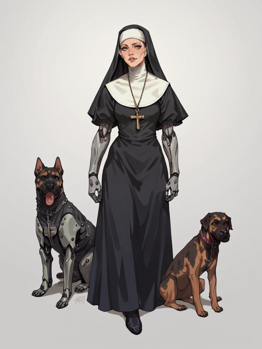 score_9, score_8_up, score_7_up, score_6_up, score_5_up, score_4_up,  <lora:y1nt10nXLP:0.6> y1nt10n, nun, 1girl, cyborg, dog