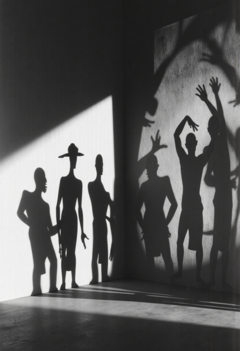 avt1vate! . Use of layered shadows: multiple figures or objects casting overlapping, complex, and distorted shadows onto a stark wall or floor. German Expressionism lighting technique, black and white, abstract complexity.
