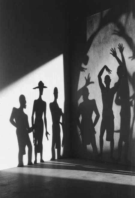 avt1vate! . Use of layered shadows: multiple figures or objects casting overlapping, complex, and distorted shadows onto a stark wall or floor. German Expressionism lighting technique, black and white, abstract complexity.