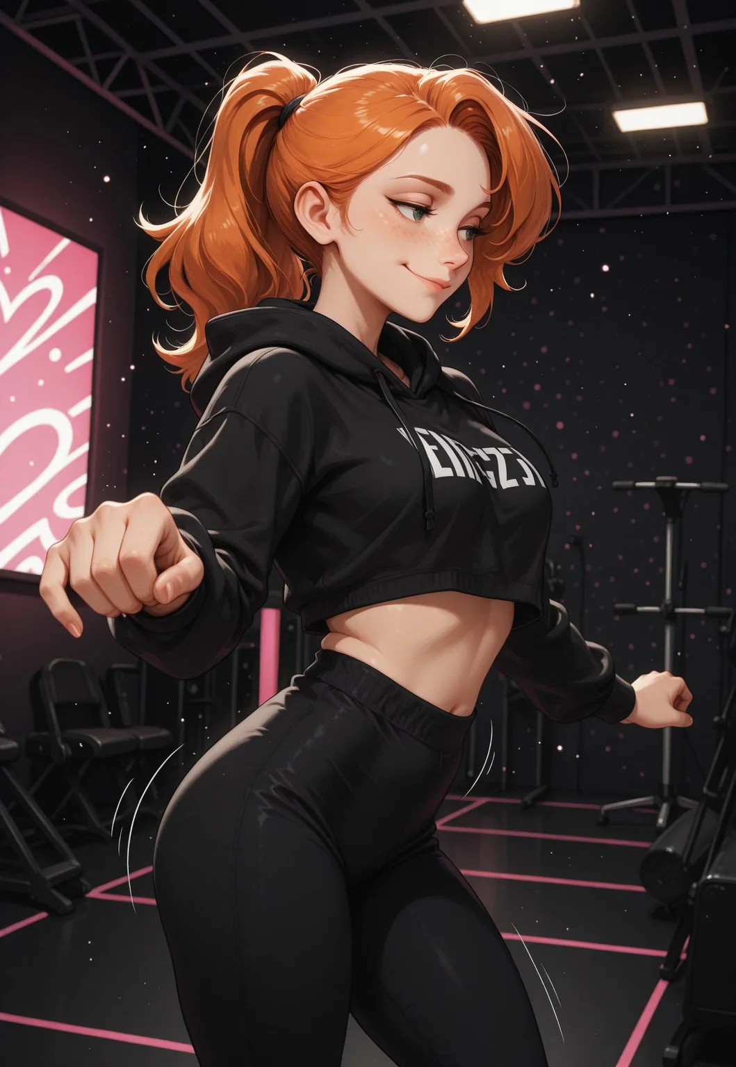 score_9, score_8_up, score_7_up, score_6_up, score_5_up, score_4_up, masterpiece, best quality, absurdres, 4k, 8k, intricate details, Chiaroscuro Lighting, cute, sexy,1girl, ginger, freckles, detailed eyes, HDeyes, perfecteyes, eyesHD, sexy eyes, bedroom eyes, expressiveH, smirk, foreshortening, side view, zicovergirl, standing, front view, looking at side, thoughtful look, pale white skin, hood, dancing, motion lines, twerk, indoors, dance studio, backlighting, neon black abstract background, light particles, glowing, dynamic pose, lazypos <lora:Zikickix_Cover_Girl:1>