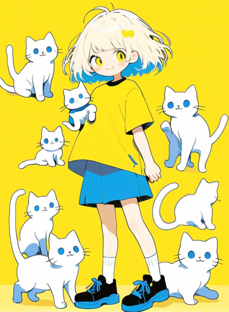 cute comic, 1girl, shirt, yellow shirt, shoes, yellow background, white hair, solo, short sleeves, blue footwear, short hair, simple background, cat, smile, holding, socks, standing, full body, looking at viewer, white cat, white socks, bangs, signature, holding animal, black eyes, blush, holding cat
<lora:sdxl_cute_social_comic-000002:0.65>