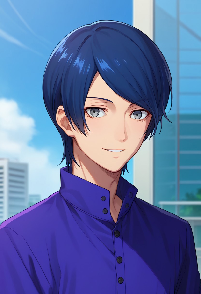 score_9, score_7_up, source_anime 
yusuke, 1boy, male focus, solo, grey eyes, blue hair, short hair, swept bangs, shirt, purple shirt, collared shirt, upper body, smile,
outdoor, sky