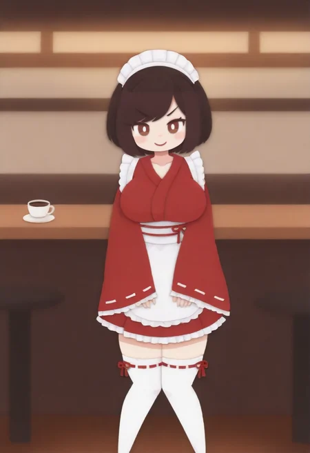 tildevtuber, 1girl, solo, breasts, looking at viewer, blush, smile, bangs, large breasts, brown hair, thighhighs, long sleeves, brown eyes, closed mouth, collarbone, frills, japanese clothes, wide sleeves, kimono, apron, white thighhighs, v-shaped eyebrows, sleeves past wrists, maid headdress, frilled skirt, frilled sleeves, ribbon trim, waist apron, white apron, ribbon-trimmed sleeves, frilled apron, knees together feet apart, >:), over-kneehighs, bob cut, swept bangs, wa maid, red kimono, white pupils, tildewamaid, faux traditional media, standing, cafe, upper body, indoors, masterpiece, best quality, tables, coffee,
 <lora:TildeIllustrious:0.5>   <lora:kikuchi-milo:1>