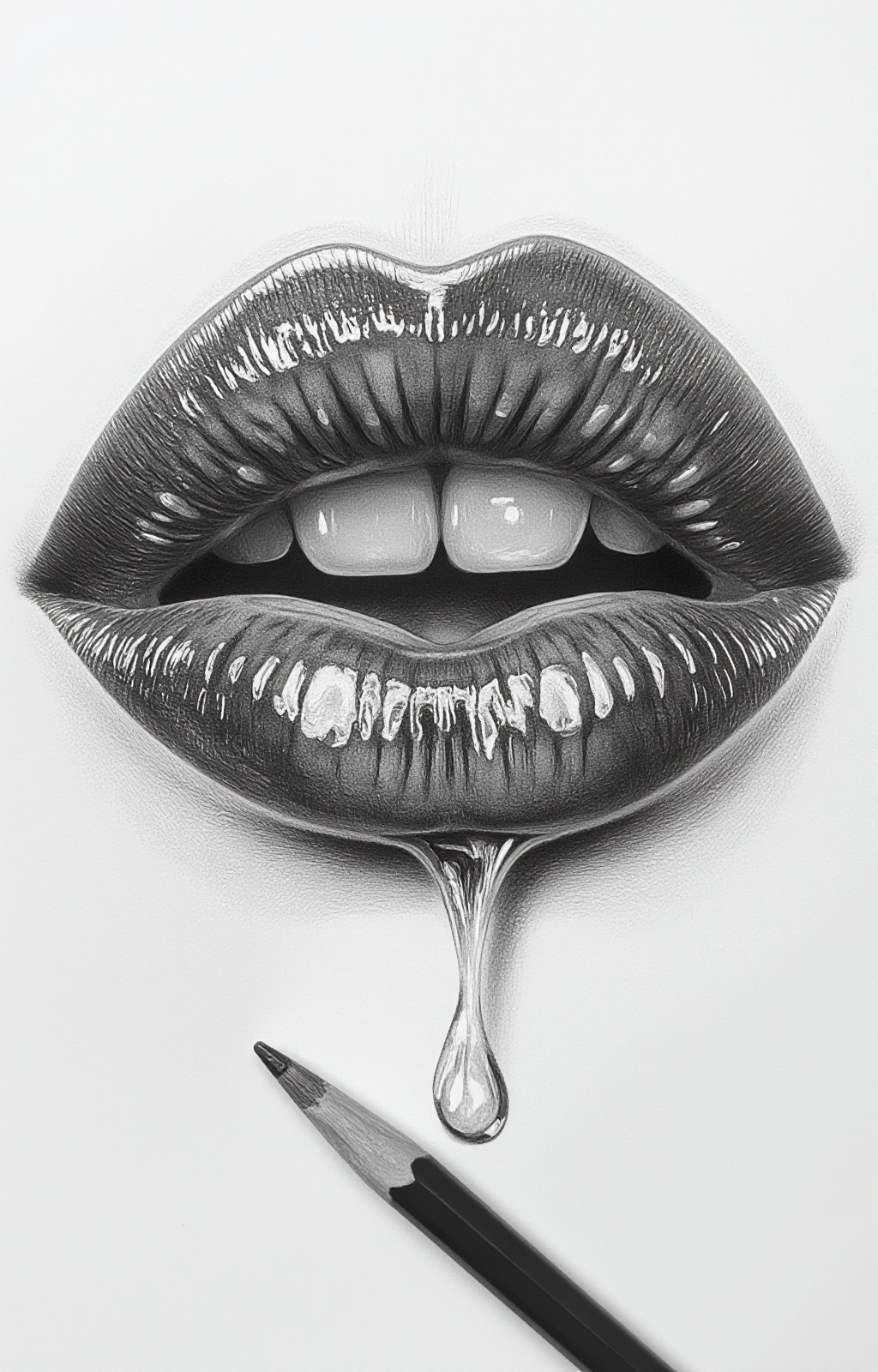 hyper-realistic pencil drawing of a pair of lips. The drawing is monochromatic, using shades of gray to depict the textures and shadows of the lips. The lips are slightly parted, revealing a row of teeth that are also meticulously rendered. The texture of the lips is meticulously detailed, showing the natural folds and creases, as well as the moisture and sheen of saliva. Droplets of saliva are depicted as they hang from the lips, creating a sense of realism. A small pencil, with a black lead, is placed diagonally across the bottom of the image, pointing towards the lower lip. The background is stark white, which contrasts sharply with the gray tones of the lips, making the details even more pronounced. The overall style is hyper-realistic, with a focus on minute details and textures to create a lifelike representation. The drawing is executed with precision and attention to detail, showcasing the artist's skill in capturing the nuances of the human mouth., <lora:aidmaImageUpraderv0.3:0.4>, aidmaimageupgrader, <lora:diffusion_pytorch_model:1>, <lora:aidmaMJ6.1_v0.5_3:0.7>, aidmaMJ6.1, ultra quality, ultra detailed, intricate details