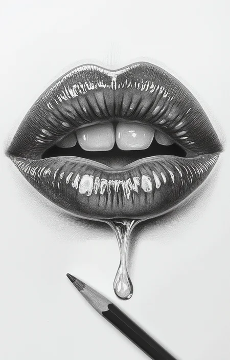 hyper-realistic pencil drawing of a pair of lips. The drawing is monochromatic, using shades of gray to depict the textures and shadows of the lips. The lips are slightly parted, revealing a row of teeth that are also meticulously rendered. The texture of the lips is meticulously detailed, showing the natural folds and creases, as well as the moisture and sheen of saliva. Droplets of saliva are depicted as they hang from the lips, creating a sense of realism. A small pencil, with a black lead, is placed diagonally across the bottom of the image, pointing towards the lower lip. The background is stark white, which contrasts sharply with the gray tones of the lips, making the details even more pronounced. The overall style is hyper-realistic, with a focus on minute details and textures to create a lifelike representation. The drawing is executed with precision and attention to detail, showcasing the artist's skill in capturing the nuances of the human mouth., <lora:aidmaImageUpraderv0.3:0.4>, aidmaimageupgrader, <lora:diffusion_pytorch_model:1>, <lora:aidmaMJ6.1_v0.5_3:0.7>, aidmaMJ6.1, ultra quality, ultra detailed, intricate details