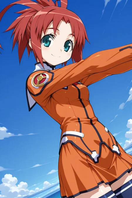 masterpiece, best quality, stellvia_arisa_glennorth_ilxl, 1girl, solo, <lora:stellvia_arisa_glennorth_ilxl:0.9>, orange shirt, orange skirt, zettai ryoiki, Navy blue tights, upper body, from the left side, red hair, dutch angle, looking at viewer, Stretch arms, stainding, smile