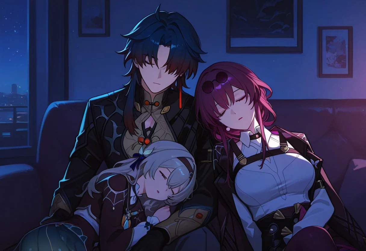 blade(honkai_star_rail), kafka(honkai_star_rail), firefly(honkai_star_rail), 1boy, 2 girls, score_9, score_8_up, score_7_up, high detail, night, detailed background, in the room, sitting on couch, sleeping, together, night,