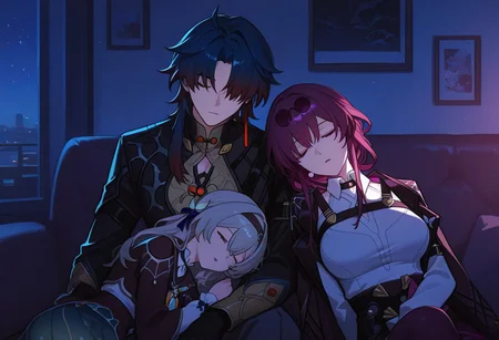 blade(honkai_star_rail), kafka(honkai_star_rail), firefly(honkai_star_rail), 1boy, 2 girls, score_9, score_8_up, score_7_up, high detail, night, detailed background, in the room, sitting on couch, sleeping, together, night,