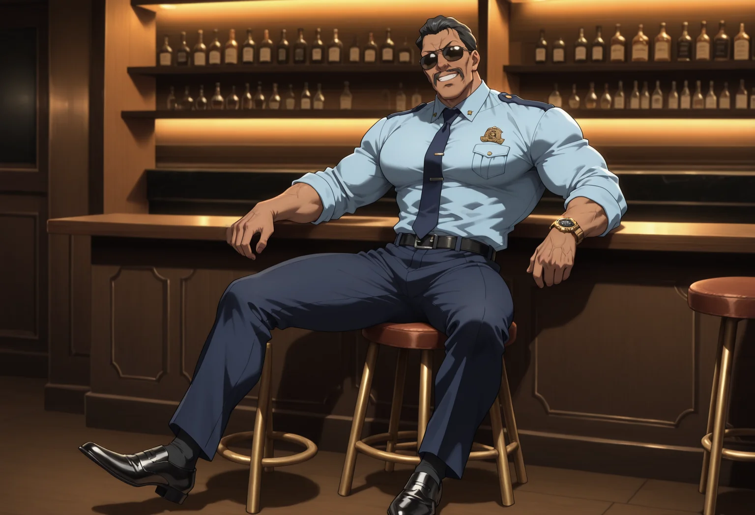 BREAK anime color,front view,full_shot,(solo),1boy,male focus,
full-length portrait,sit on a stool,
masculine face,daddy looking face,masculine,wrinkle,Villain,thug,
Abrego,Black hair,sunglasses,mustache,<lora:Abrego__Black_Lagoon:0.8>,
grin,open mouth,
police_uniform,dark blue pants,light blue shirt,dark blue tie,formal attire,long_sleeves,large leather shoes,pure black socks,(foot straight),
tlarger men,Big body,broad shoulders,stocky_body,big muscule,
Dark skin,Muscled,narrow waist,toned body,
large pectorals,long legs,have muscular legs,
detailed face,detailed body,perfect anatomy,
masterpiece,best quality,amazing quality,
k0n0hanaya,<lora:-Konohanaya:0.4>,
Hotcha,<lora:hots_r1:0.2>,<lora:cfg_scale_boost:0.2>,<lora:NAI_QualityV1.1:0.4>,<lora:add-detail-xl:0.7>,
multicolored_background,bar,men's watch,