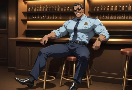 BREAK anime color,front view,full_shot,(solo),1boy,male focus,
full-length portrait,sit on a stool,
masculine face,daddy looking face,masculine,wrinkle,Villain,thug,
Abrego,Black hair,sunglasses,mustache,<lora:Abrego__Black_Lagoon:0.8>,
grin,open mouth,
police_uniform,dark blue pants,light blue shirt,dark blue tie,formal attire,long_sleeves,large leather shoes,pure black socks,(foot straight),
tlarger men,Big body,broad shoulders,stocky_body,big muscule,
Dark skin,Muscled,narrow waist,toned body,
large pectorals,long legs,have muscular legs,
detailed face,detailed body,perfect anatomy,
masterpiece,best quality,amazing quality,
k0n0hanaya,<lora:-Konohanaya:0.4>,
Hotcha,<lora:hots_r1:0.2>,<lora:cfg_scale_boost:0.2>,<lora:NAI_QualityV1.1:0.4>,<lora:add-detail-xl:0.7>,
multicolored_background,bar,men's watch,