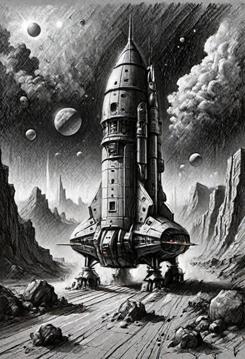 (masterpiece), 
A simple spaceship, road to mars,
Black and white tones,
HDR, highly detailed, 32k, 
looking at viewer,