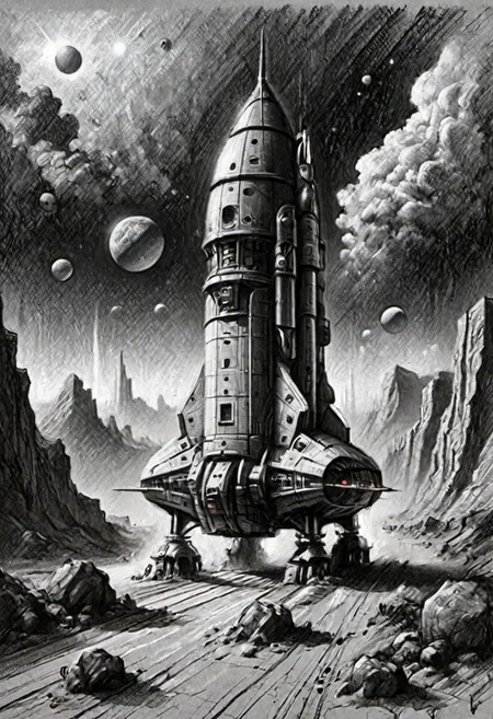 (masterpiece), 
A simple spaceship, road to mars,
Black and white tones,
HDR, highly detailed, 32k, 
looking at viewer,