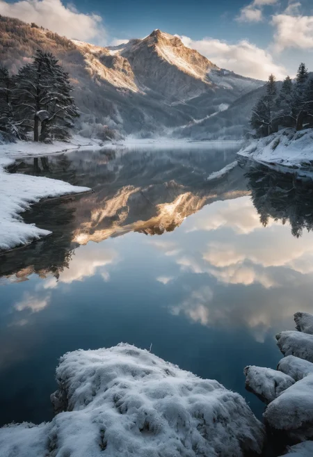 Winter scenery, winter lake, quiet lake,  tree on the shore of a lake,  beautiful lake reflecting beautiful mountains, dappled sunlight, diamond dust, sunlight,  blue sky, day, beautiful view, mysterious glow, beautiful clouds, depth of field, masterpiece, best quality, 8k, ultra-detailed, very aesthetic, superb composition, finest details, intricate details, absurdres, high contrast,