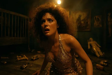 cinematic still, Gina Montana in the Scarface sequel pacing frantically across a fire-blackened nursery floor, her sequined halter dress torn and glittering beneath shifting shadows, curls wild around her flushed face, surrounded by overturned wooden toys and fractured religious icons, upper body close-up, low angle, mood of emotional rupture and defiant hysteria, harsh yellow overhead light with hard falloff, color theme of scorched bronze, cold ivory, and bleeding gold, style referencing surreal domestic breakdown