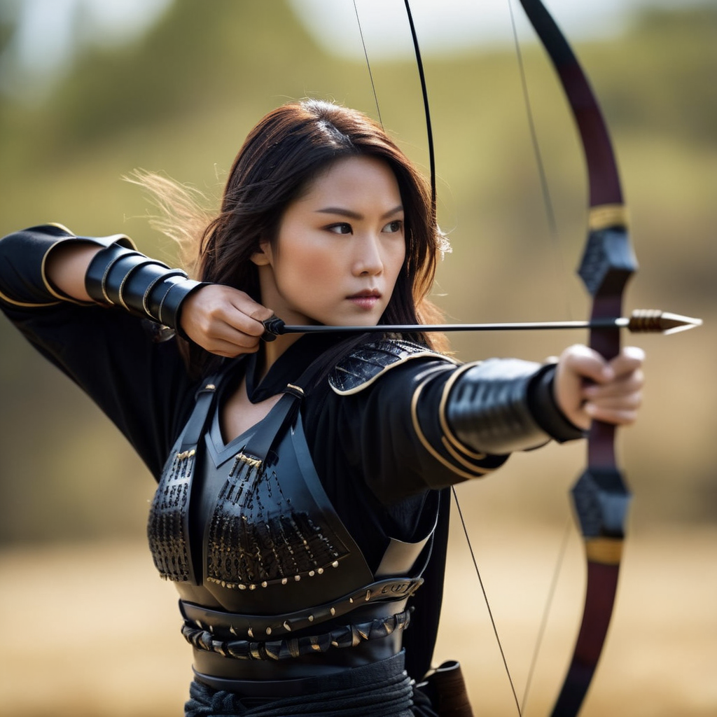 cinematic film still of  <lora:female samurai style:1.2>
an epic cinematic photo of a woman dressed in black armor holding a bow and arrow female samurai style, shallow depth of field, vignette, highly detailed, high budget, bokeh, cinemascope, moody, epic, gorgeous, film grain, grainy