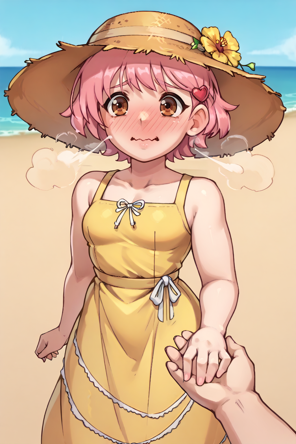 score_9, score_8_up BREAK 1girl, solo, <lora:NSMishaKatawa:1> NSMishaMisc, brown eyes, pink hair, short hair, hair ornament,  <lora:HoldingHandsPOV_XLPD:1> holding hands, solo focus, pov hands, out of frame, yellow dress, straw hat, outdoors, beach, wavy mouth, heavy blush, wide mouth, closed mouth, steam, happy