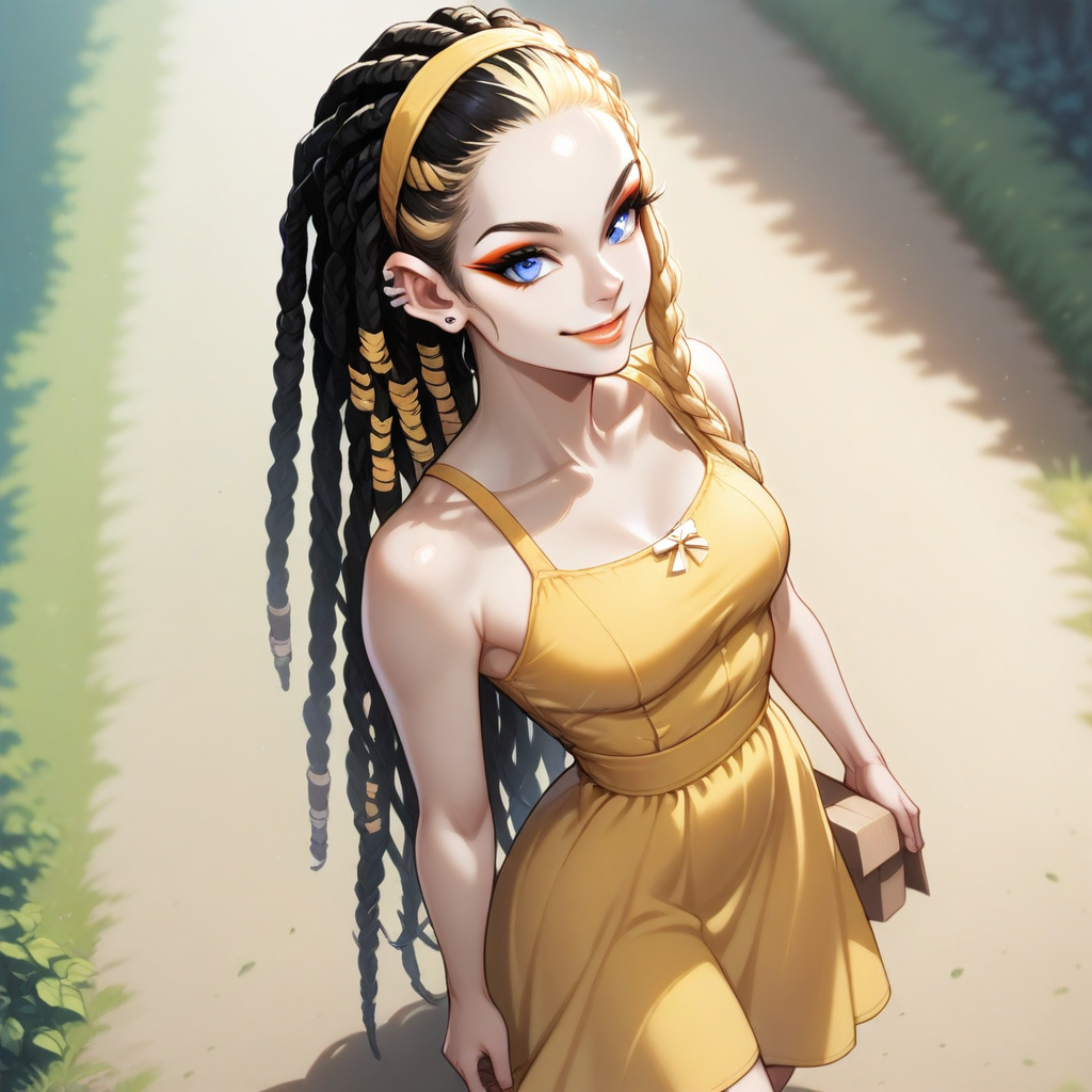 1girl, very long hair, dual color hair (black-blonde), box braid, forehead, dreadlocks, (black-blondes dreadlocks), (black hair tips) , hair band, blue eyes, pale skin, thin lips, ear piercings, medium breasts, thin waist, fit, detailed eyes, detailed lips, cowboy shot, yellow sundress , smiling, side view, posing cute, walking, outdoors, sunny, light brown lipgloss, makeup, high angle view, face closeup