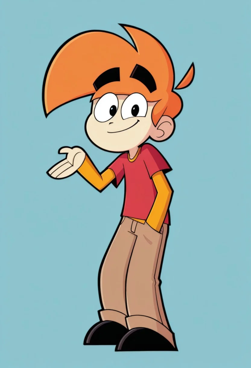 score_9, score_8_up, score_7_up, masterpiece, best quality, amazing quality, ls mark, 1boy, solo, orange hair, black eyes, hand in pocket, shirt, smile, simple background, red shirt, pants, male focus, black footwear, long sleeves, looking at viewer, blue background, short sleeves, style parody, closed mouth, shoes, standing, t-shirt, short hair, hand up, brown pants, layered sleeves, short over long sleeves