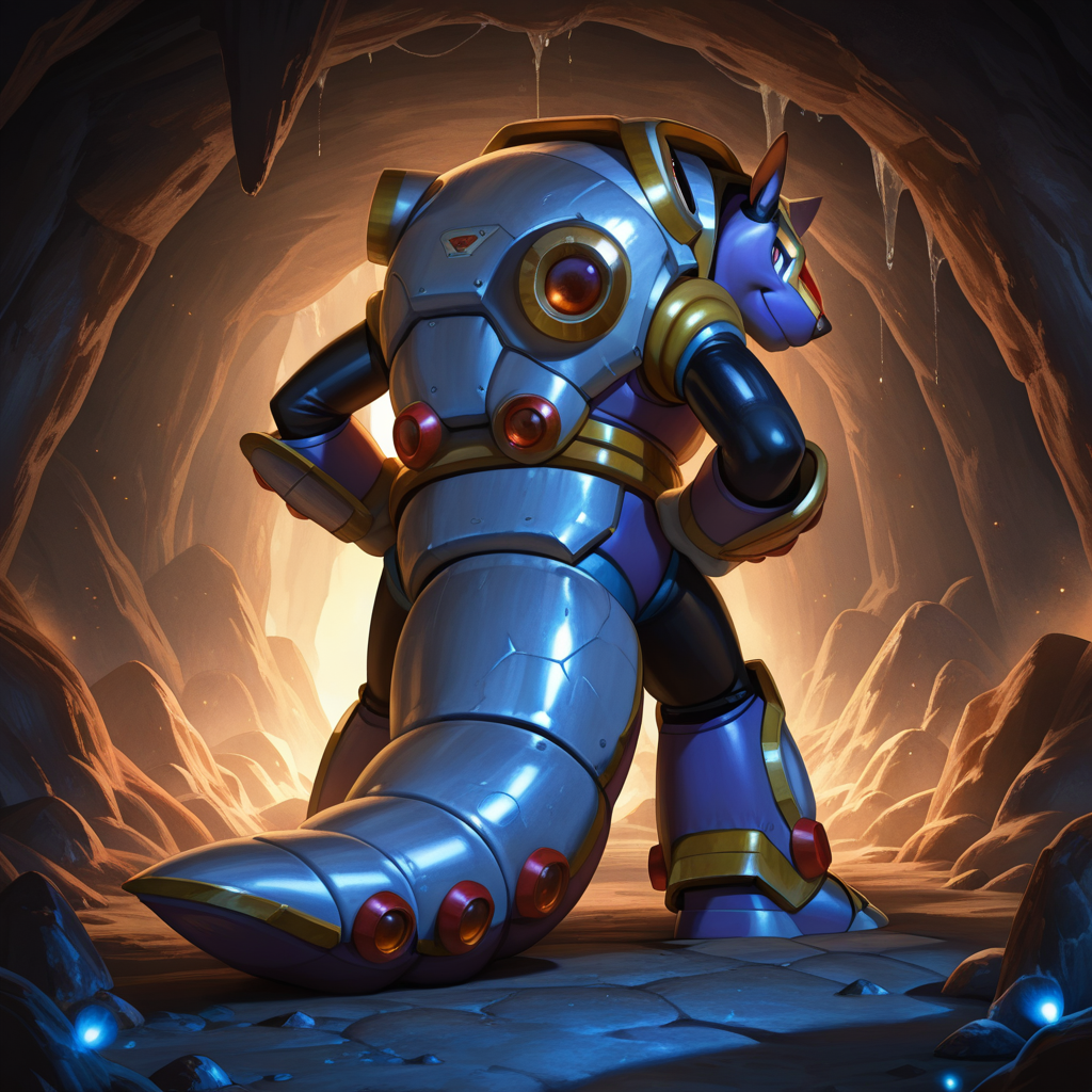 <lora:Armored_Armadillo_Megaman_X_Illustrious:1> Armored Armadillo, 1boy, medium shot, hands on own hips, from behind, looking back, eyes half closed, smirk, crystal cave, purple fireflies, masterpiece, masterwork, mineshaft, control panel, red particles,( photorealistic, 8K CGI render),