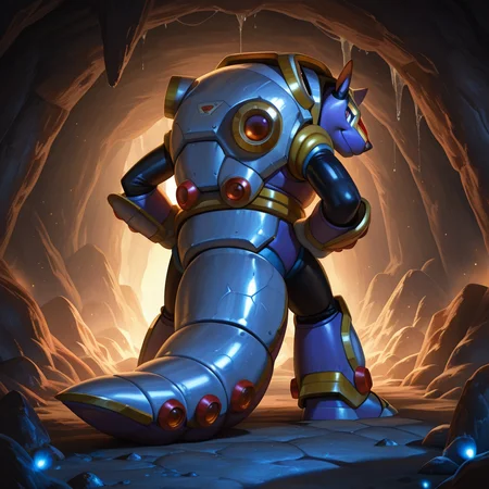 <lora:Armored_Armadillo_Megaman_X_Illustrious:1> Armored Armadillo, 1boy, medium shot, hands on own hips, from behind, looking back, eyes half closed, smirk, crystal cave, purple fireflies, masterpiece, masterwork, mineshaft, control panel, red particles,( photorealistic, 8K CGI render),