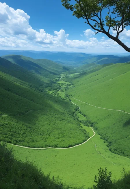 <lora:flux_genshinlandscape_sumeru_000003000:1> genshinlandscape, An image of Sumeru showing a vibrant, lush landscape dominated by a massive, ancient tree to the left of the image. The tree is intertwined with various structures, blurring the line between nature and civilization. Its roots and branches extend across the area, creating natural walkways and platforms enveloped in foliage. The lush greenery covers rolling hills and rocky outcrops, while small buildings are tucked into the vegetation, giving the scene a harmonious integration with nature. In the background, a clear blue sky with scattered white clouds stretches over the horizon, enhancing the bright atmosphere of the scene. The land is bathed in daylight, offering a vivid view of the surroundings. The distant hills and mountains add to the scene's depth, while patches of wildflowers in the foreground add a touch of color to the verdant landscape.
(8k uhd:1,4)
<lora:add-detail-xl:1>
<lora:Dynamic Poses:1>