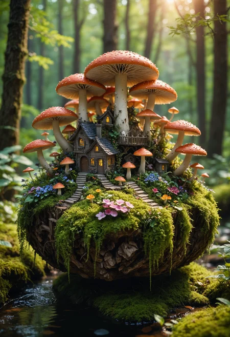 Tilt-shift photo of A vibrant,colorful floating city,clouds above a beautiful,enchanted landscape filled with whimsical flora,enchanted forest landscape,Magical and dreamy woodland with vibrant green foliage and sparkling flowers,Landscape with twisted trees and vines,natural lighting and dark shadows,unique fantastical elements like floating islands and floating orbs,Highly detailed vegetation and foliage,deep contrast and color vibrancy,texture and intricate details in a mushroom element,merged,symmetry,unique,perfect,cinematic,focused,quality,very inspirational,inspiring,thought,highly saturated colors,lucid,pristine,spectacular,flawless,artistic,sharp focus,winning,illuminated,epic,stunning,gorgeous,breathtaking,creative,hopeful,futuristic,best,full,, ultra quality, ultra detailed, intricate details, 8k, hdr, rim light, chiaroscuro, golden hour, Bokeh, tilt-shift, masterpiece, dark shot, shadow, beautifully lit . Selective focus, miniature effect, blurred background, highly detailed, vibrant, perspective control<lora:WildcardX-XL-Detail-Enhancer:1><lora:WildcardX-XL-Detail-Enhancer:1><lora:WildcardX-XL-Detail-Enhancer:1><lora:WildcardX-XL-Detail-Enhancer:1>