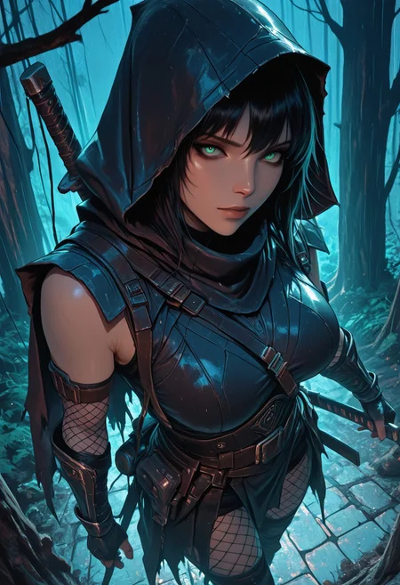 (masterpiece), (best quality), (ultra-detailed), 1girl, unique face, female ninja assassin, emerging from deep shadows, dramatic lighting, dark fabric and layered leather armor, hooded cloak, traditional ninja gear, sleeveless, fishnets under clothing, large breasts, slashed clothing, beautiful girl, detailed face, katana in hand, waist-up view, tense and silent movement, low pose, cinematic lighting from above, rain-slick stone walls, misty air, subtle fog, textured cloth, leather straps, Cocky and confident demeanor, looking at viewer, ancient forest temple, night, at night, semi-realistic style, moody atmosphere, dramatic foreshortening, action shot, dynamic angle, unique angle,