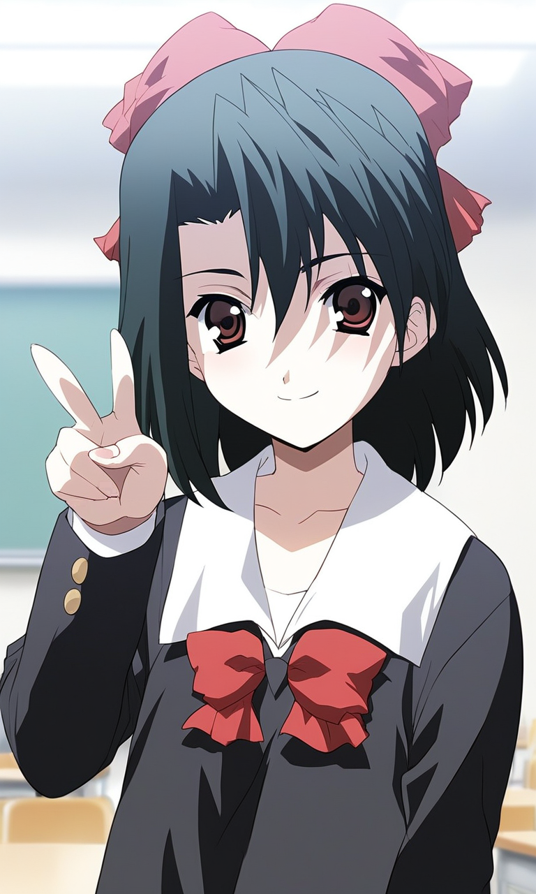 score_9, score_8_up, score_7_up, source_anime, rating_explicit, BREAK  <lora:Kiyoura_Setsuna_XL:1> Kiyoura_Setsuna, 1girl, solo, v, peace, parody, looking at viewer, school uniform, collarbone, bow, upper body, smile, closed mouth, anime coloring, indoors